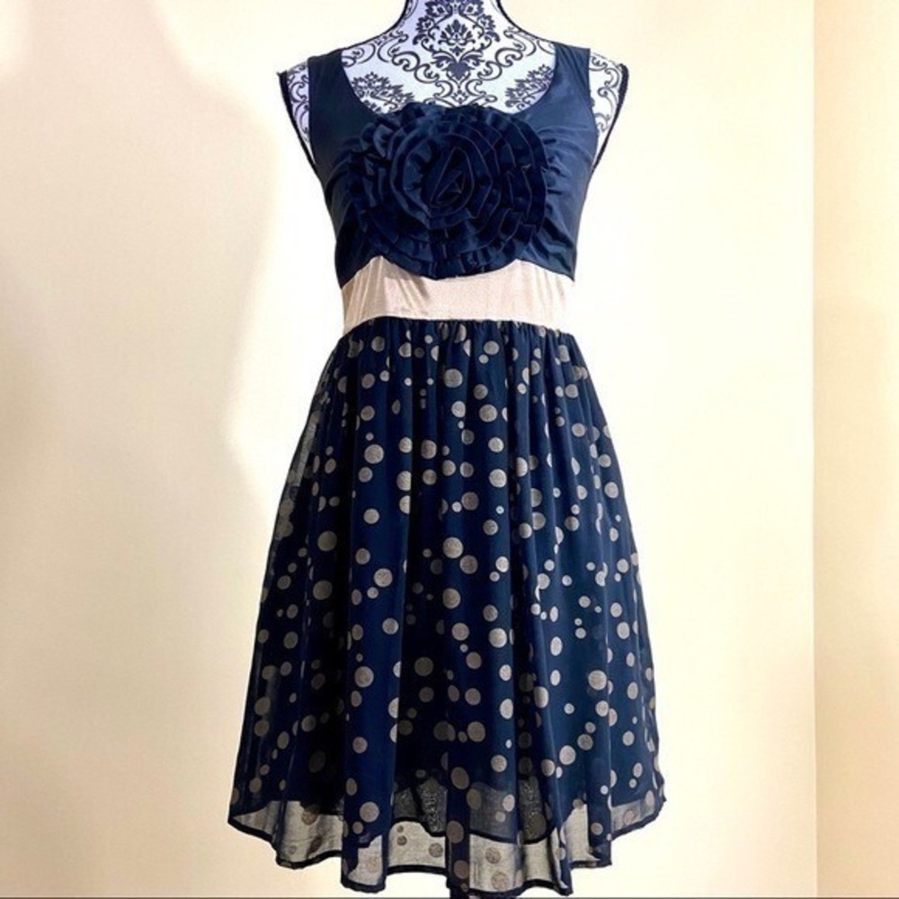 Anthropologie Burlapp Black Gold Polka Dot Fit & Flare Mini Flowerโ Dress Size S